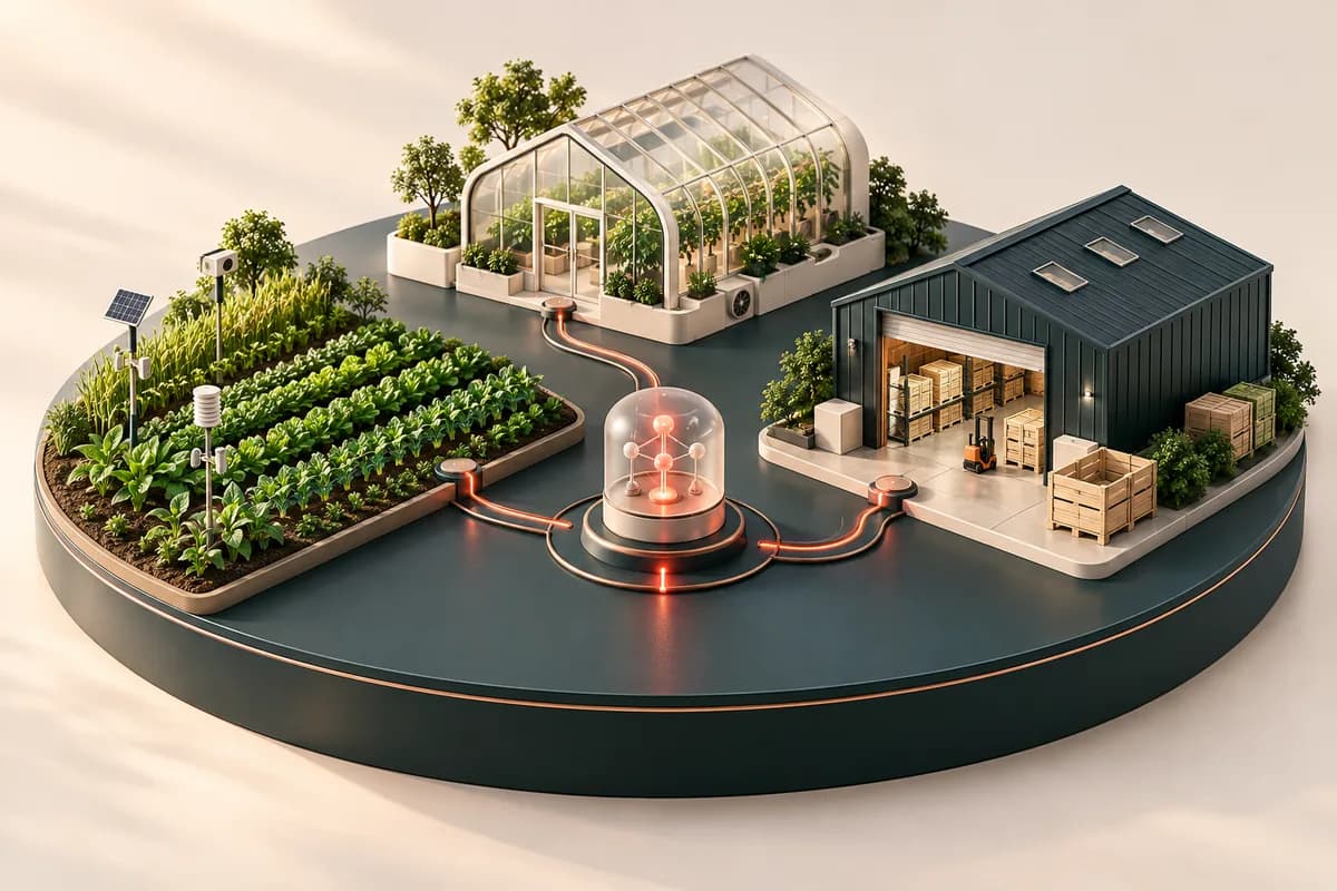 Minh họa AgriConnect: mạng dữ liệu kết nối cánh đồng, nhà kính và kho nông sản