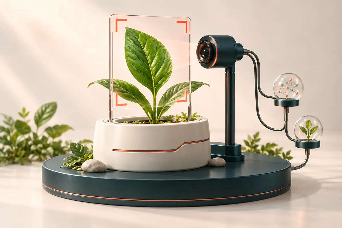 Minh họa CropCare: camera và khung quét AI quan sát lá cây
