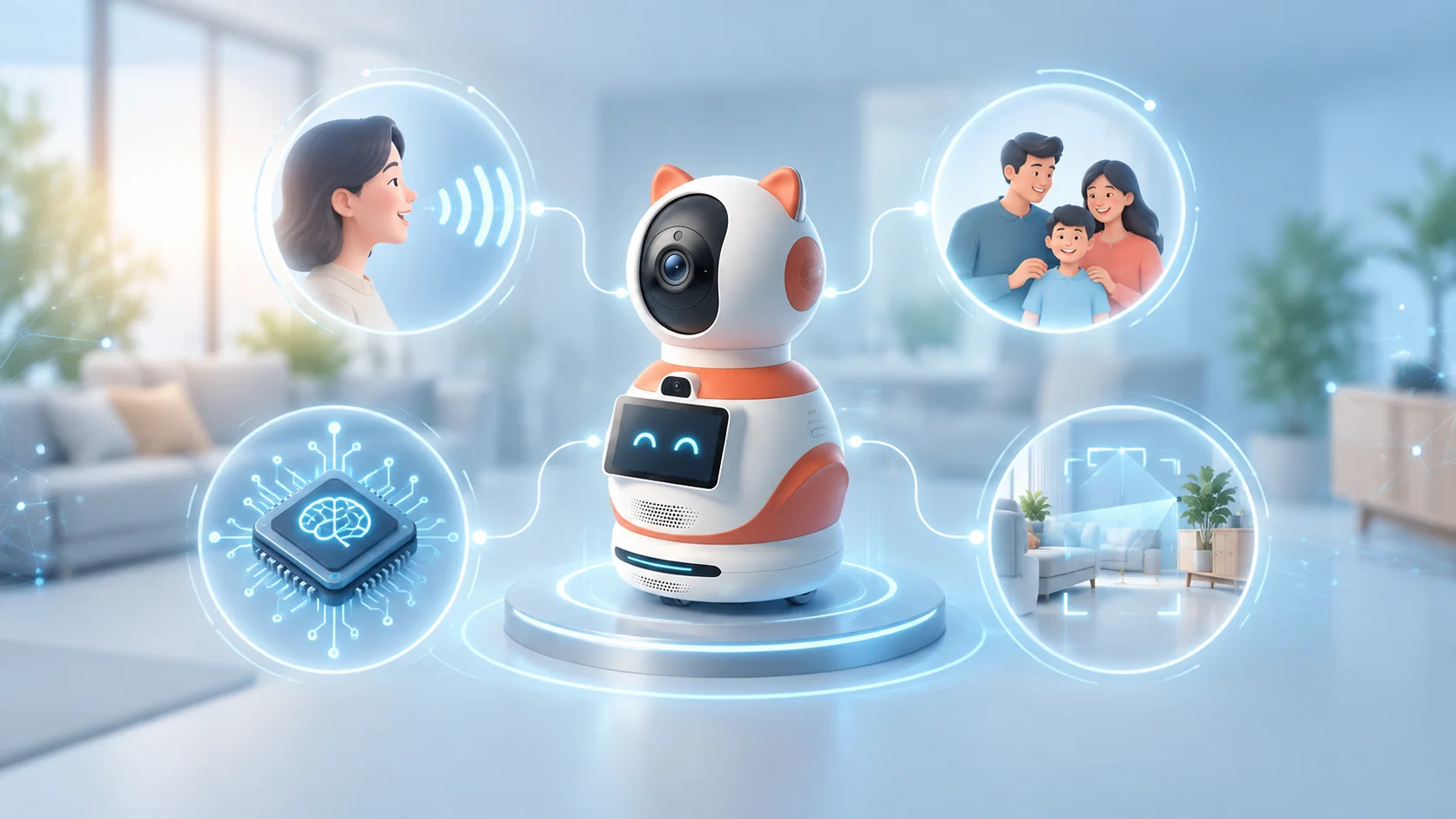 Product-vision illustration of the NuverxAI robotics ecosystem with speech, Edge AI, computer vision and family connection